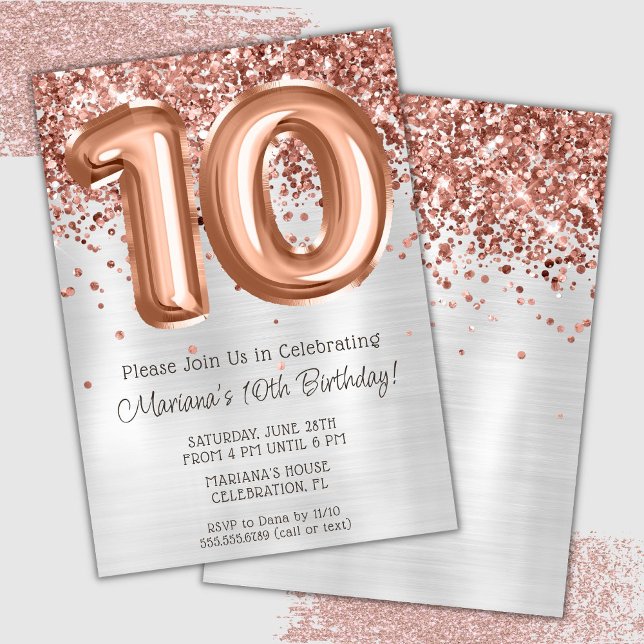 Rose Gold Silver 10th Birthday Party Invitation (Creator Uploaded)