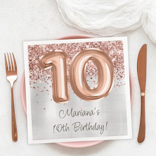  Rose Gold Silver 10th Birthday Party Napkin (Creator Uploaded)
