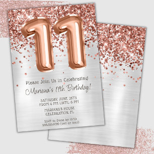 Rose Gold Silver 11th Birthday Party Invitation
