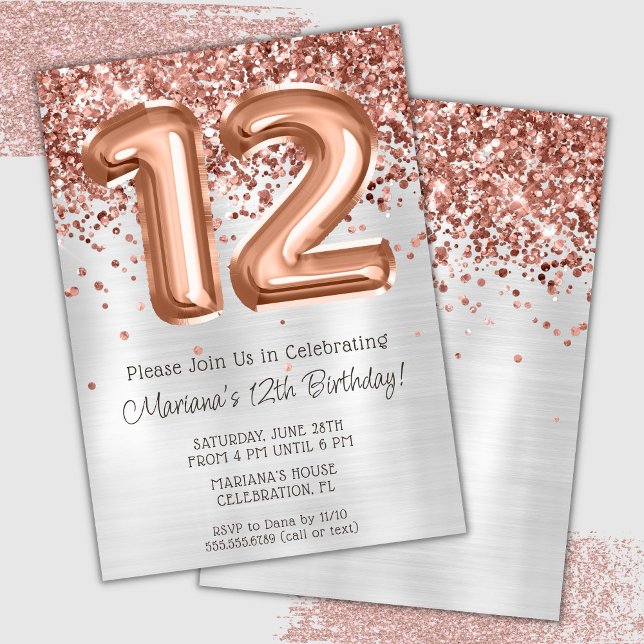 Rose Gold Silver 12th Birthday Party Invitation (Creator Uploaded)