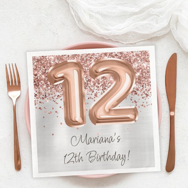  Rose Gold Silver 12th Birthday Party Napkin (Creator Uploaded)