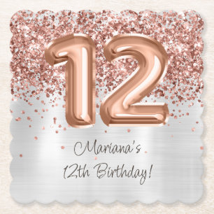 Rose Gold Silver 12th Birthday Party Paper Coaster