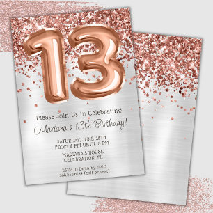 Rose Gold Silver 13th Birthday Party Invitation