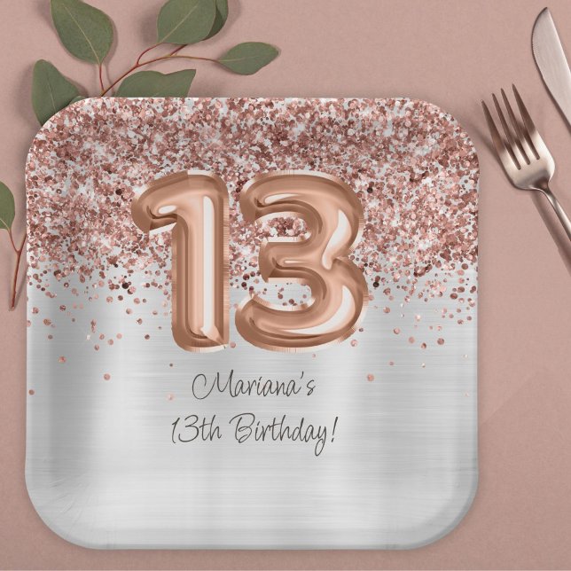 Rose Gold Silver 13th Birthday Party Paper Plate (Creator Uploaded)