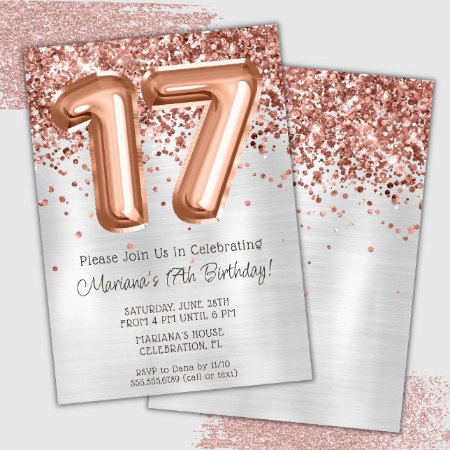 Rose Gold Silver 17th Birthday Party Invitation (Creator Uploaded)