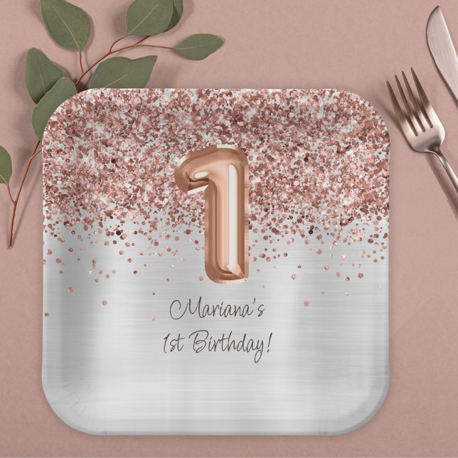  Rose Gold Silver 1st Birthday Party Paper Plate (Creator Uploaded)