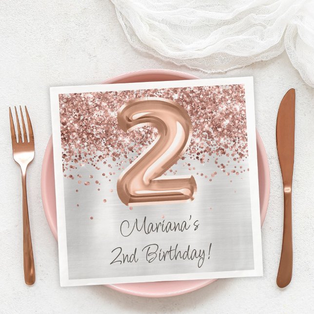  Rose Gold Silver 2nd Birthday Party Napkin (Creator Uploaded)