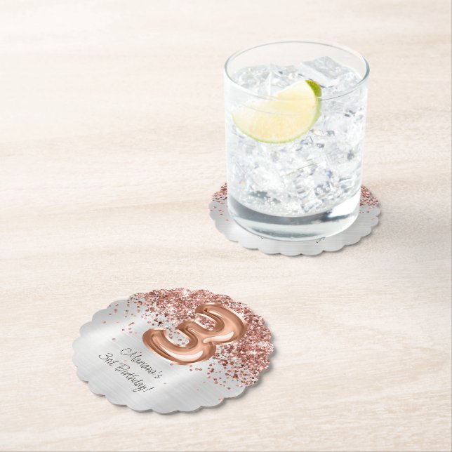  Rose Gold Silver 3rd Birthday Party Paper Coaster (Insitu)