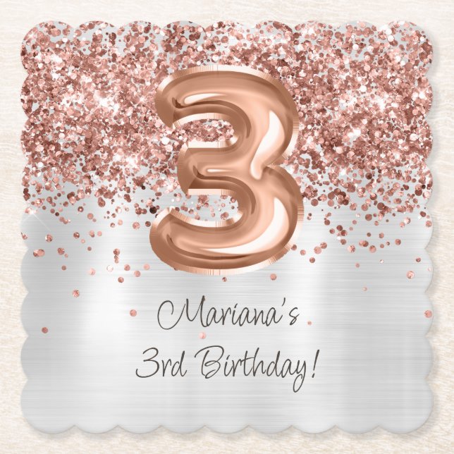  Rose Gold Silver 3rd Birthday Party Paper Coaster (Front)