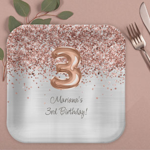 Rose Gold Silver 3rd Birthday Party Paper Plate
