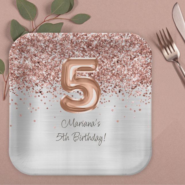  Rose Gold Silver 5th Birthday Party Paper Plate (Creator Uploaded)