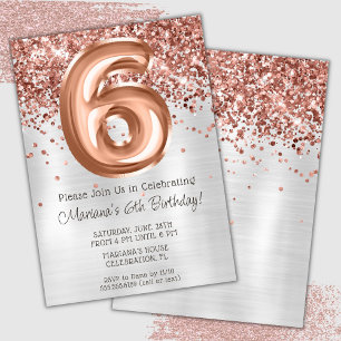 Rose Gold Silver 6th Birthday Party Invitation