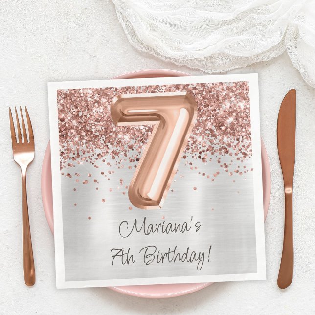  Rose Gold Silver 7th Birthday Party Napkin (Creator Uploaded)