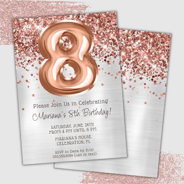 Rose Gold Silver 8th Birthday Party Invitation (Creator Uploaded)