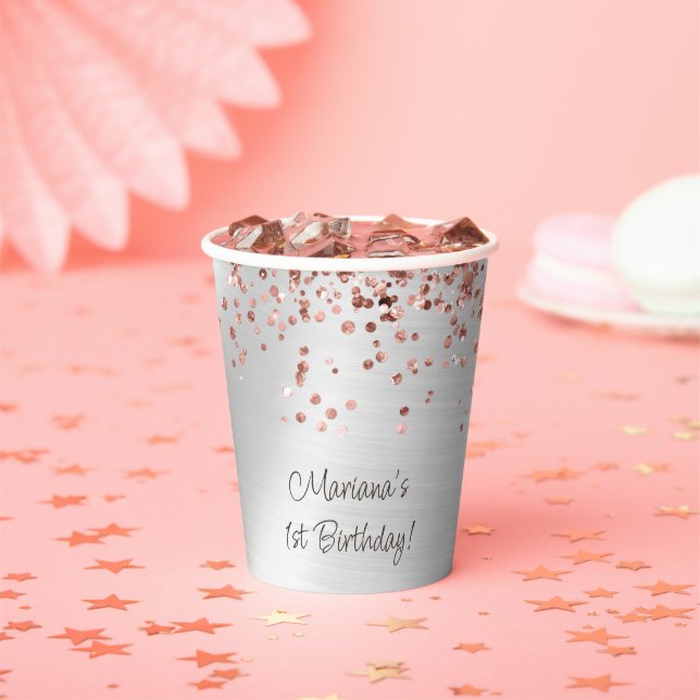 Rose Gold Silver Birthday Party Paper Cups (Insitu)