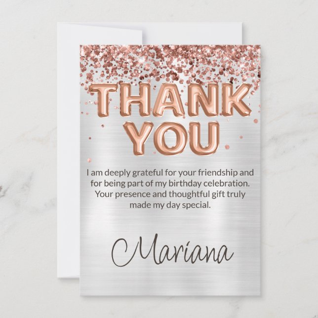 Rose Gold Silver Birthday Party Thank You Card (Front)