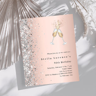 Rose gold silver cheers birthday invitation