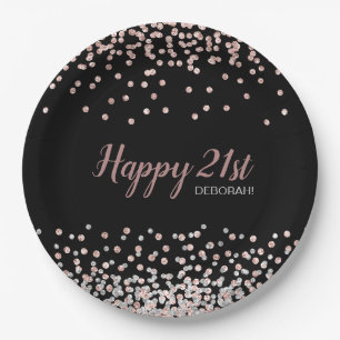 Rose Gold Silver Confetti 21st Birthday Party Paper Plate