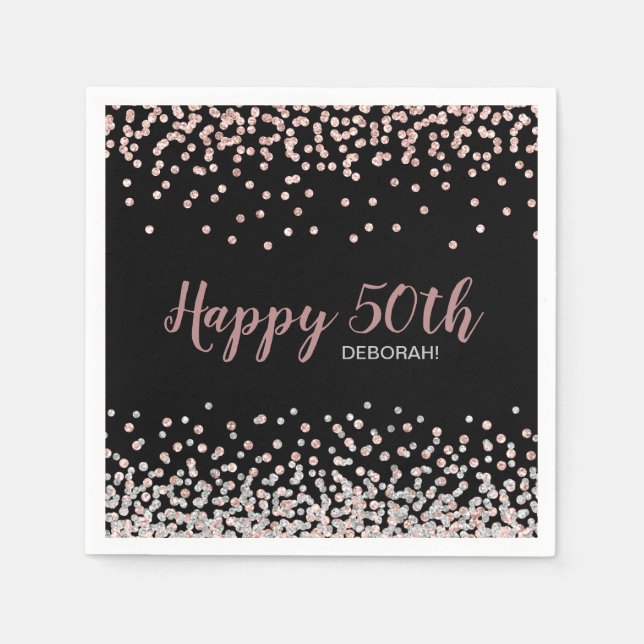 Rose Gold Silver Confetti 50th Birthday Party Napkin (Front)
