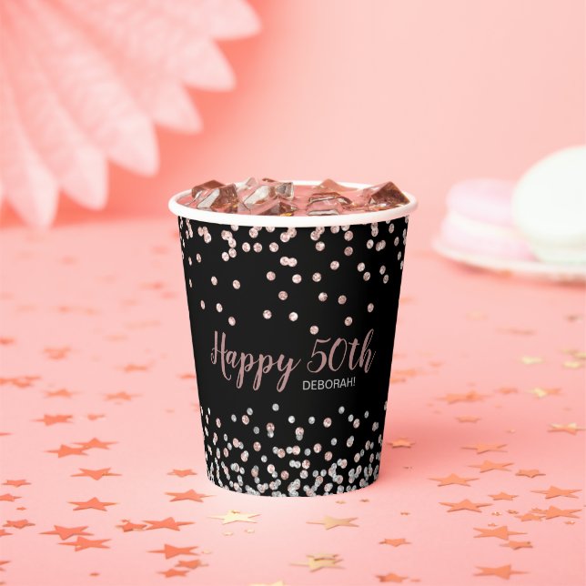 Rose Gold Silver Confetti 50th Birthday Party Paper Cups (Insitu)