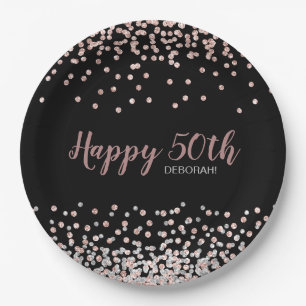 Rose Gold Silver Confetti 50th Birthday Party Paper Plate