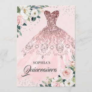 Rose Gold Silver Diamond Gown Floral Quinceanera Invitation