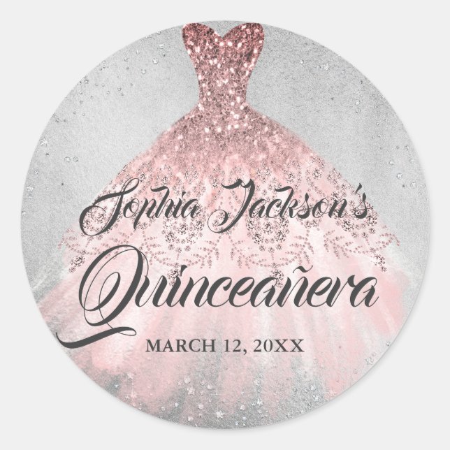 Rose Gold Silver Diamond Sparkle Gown Quinceanera Classic Round Sticker (Front)
