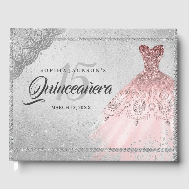 Rose Gold Silver Diamond Sparkle Gown Quinceanera Guest Book (Front)