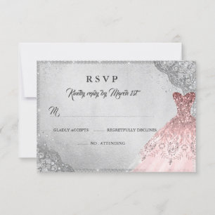 Rose Gold Silver Diamond Sparkle Gown RSVP Card