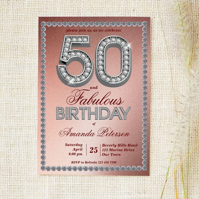 Rose gold silver diamonds 50th birthday invitation (Creator Uploaded)