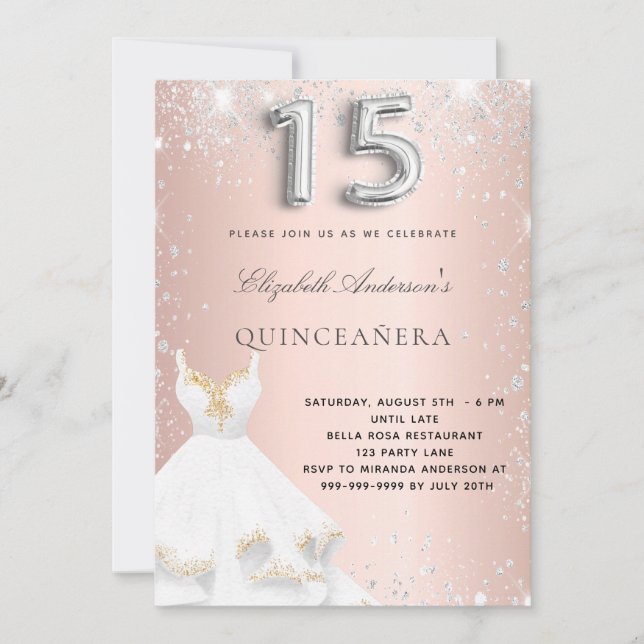 Rose gold silver dress Quinceanera Invitation (Front)