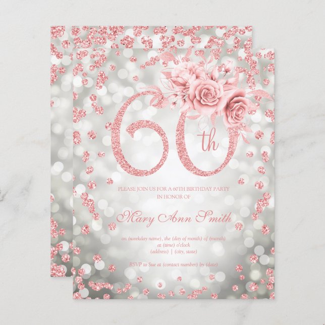 Rose Gold Silver Floral 60th Birthday Lights   (Front/Back)