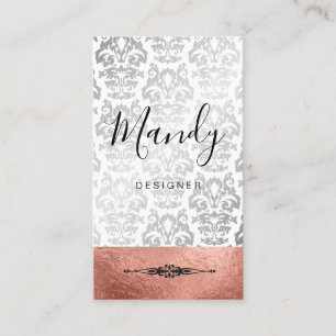 Rose Gold Silver Foil Silver Metallic Damask Business Card