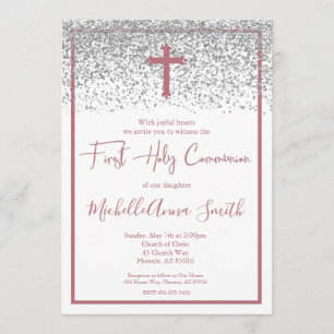 Rose Gold Silver Girl First Holy Communion Invitation