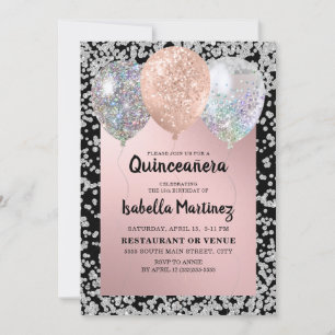 Rose Gold Silver Glitter Balloons Quinceañera  Invitation