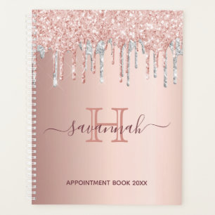 Rose gold silver glitter drips monogram planner