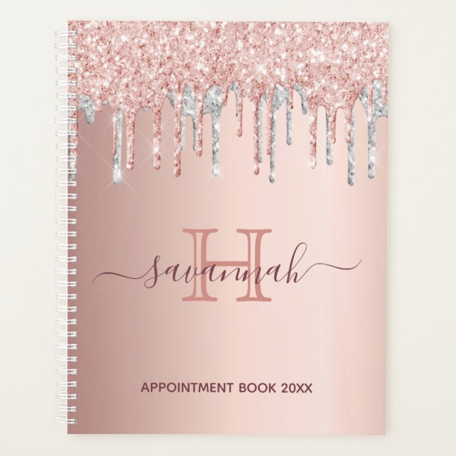 Rose gold silver glitter drips monogram planner (Front)