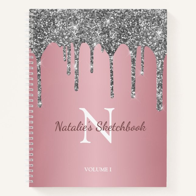 Rose Gold Silver Glitter Drips Monogram Sketchbook Notebook (Front)