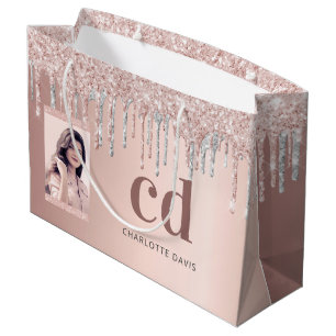 Rose gold silver glitter drips photo monogram large gift bag