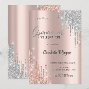 Rose Gold Silver Glitter Drips Quinceañera  Invitation