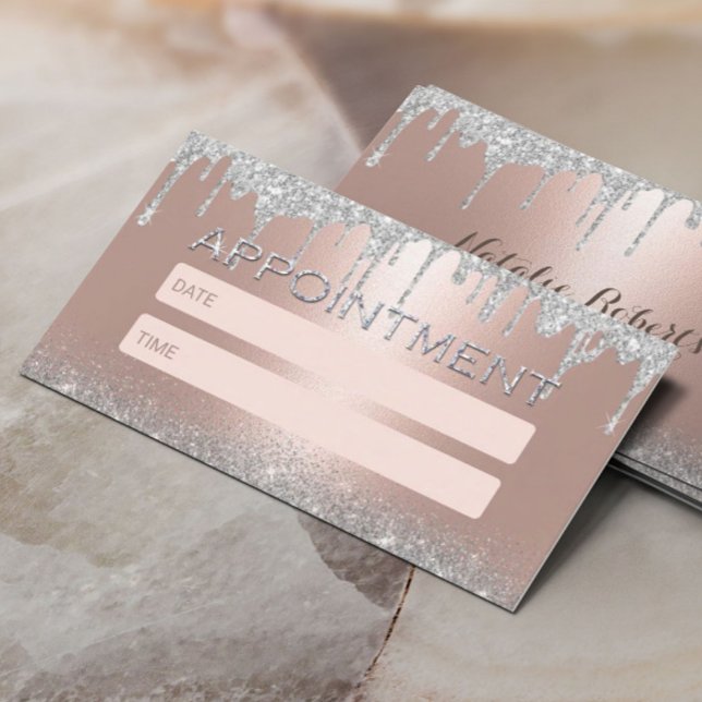 Rose Gold Silver Glitter Drips Salon Appointment Card (Creator Uploaded)