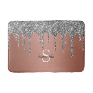 Rose Gold Silver Glitter Drips Sparkle Monogram Bath Mat