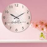 Rose gold silver glitter dust metal name script large clock<br><div class="desc">A rose gold faux metallic looking background,  decorated with faux silver glitter dust.  Personalise and add your name written with a trendy hand lettered style script with swashes.
To keep the swashes only delete the sample name,  leave the spaces or emoji's in front and after the name.</div>