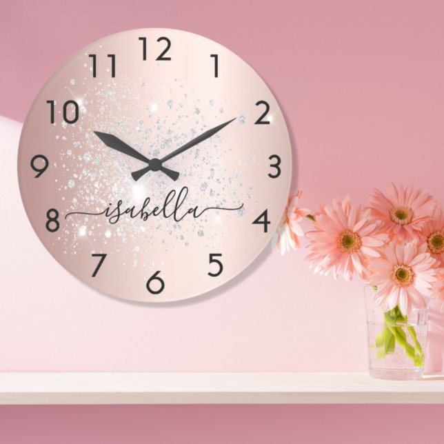 Rose gold silver glitter dust metal name script large clock (Creator Uploaded)
