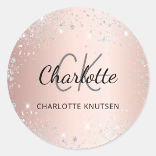 Rose gold silver glitter dust monogram name classic round sticker