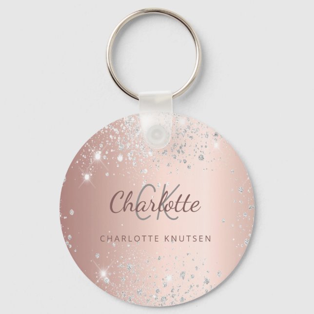 Rose gold silver glitter dust monogram name  key ring (Front)
