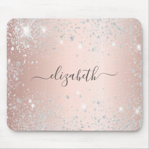 Rose gold silver glitter dust monogram name mouse pad
