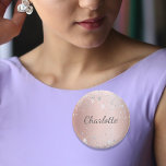 Rose gold silver glitter dust monogram name tag 6 cm round badge<br><div class="desc">An elegant rose gold faux metallic looking background. Decorated with faux silver glitter dust. Personalise and add your name. The name is written with a hand lettered style script.</div>