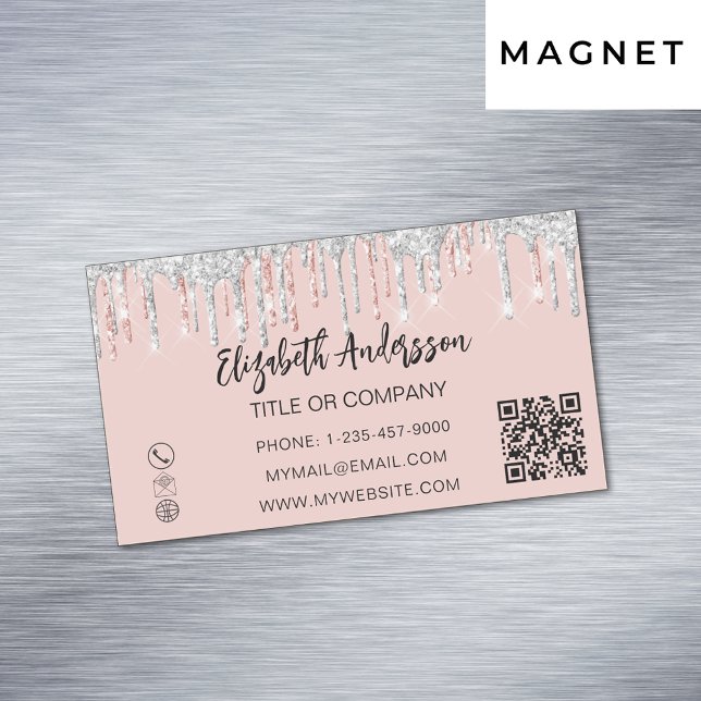 Rose gold silver glitter elegant QR code Magnetic Business Card (Creator Uploaded)