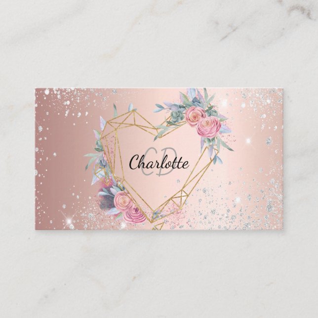 Rose gold silver glitter floral makeup hair beauty business card (Front)